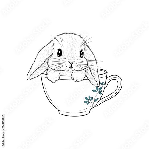Cute rabbit peeking out of a decorative teacup with floral designs, set against a simple background