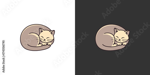 Cute sleeping cat illustration on contrasting backgrounds, showcasing tranquility and warmth