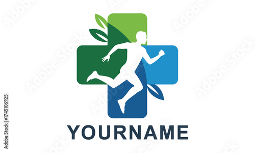 Dynamic runner silhouette centered on a green and blue gradient medical cross logo