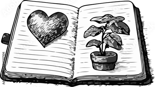 Romantic Heart Shape and Potted Plant Doodle Journal Entry