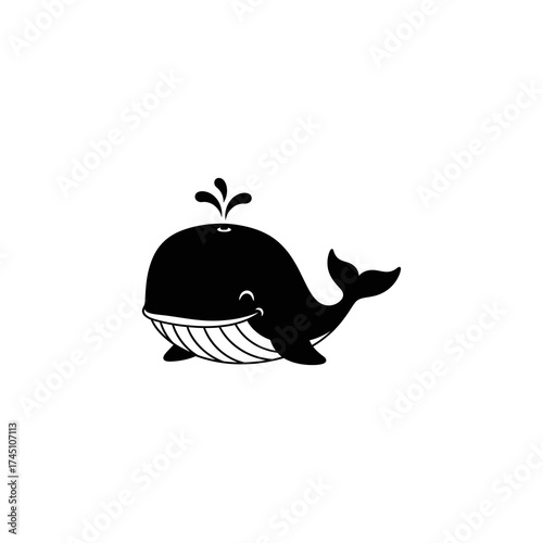 Playful cartoon whale spouting water, swimming joyfully in a serene ocean setting