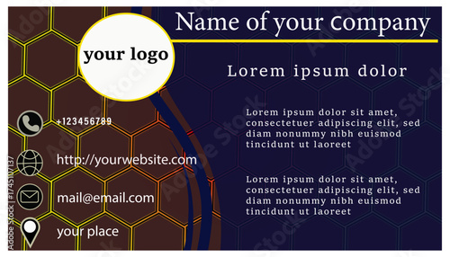 Modern business card template with honeycomb pattern and contact icons for company information including website and email isolated on transparent background