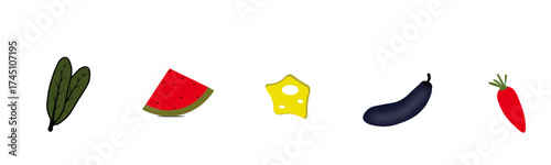 Fresh food assortment featuring a slice of juicy watermelon, a bunch of green spinach leaves, a piece of yellow cheese, a dark purple eggplant, and a red carrot, all isolated on transparent background