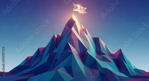 Low poly mountain peak with a white flag on top under a blue sky with faint stars above