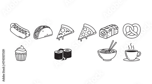 Collection of hand drawn food icons representing diverse cuisines for culinary projects vector