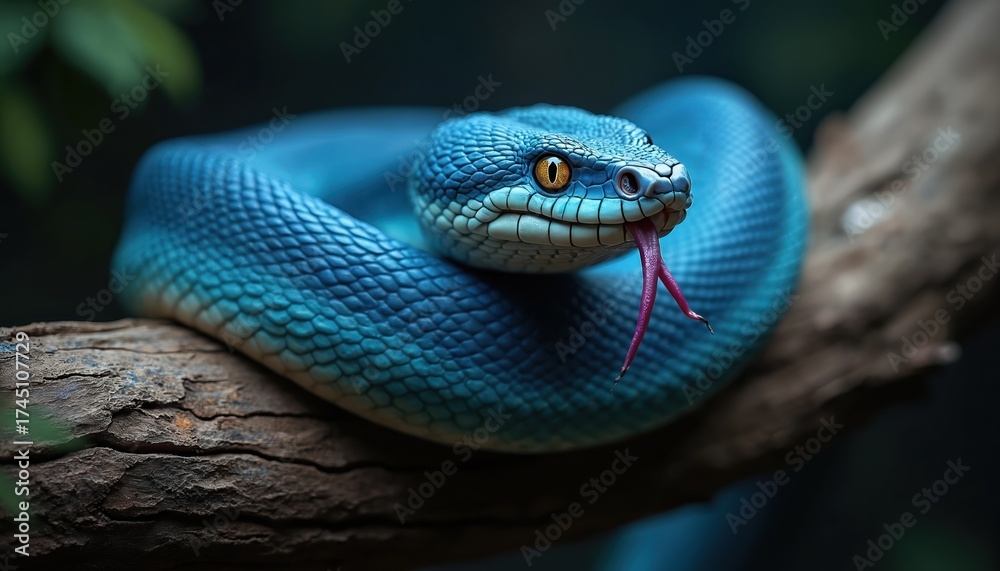 Fototapeta premium Blue venomous snake with tongue out on tree branch. Reptile rests with forked tongue sticking out on wooden log. Animal has vibrant blue scales and orange eyes.