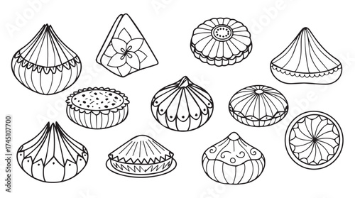 Assortment of hand drawn delicious sweet pastries and confections in decorative paper or foil wrappers vector