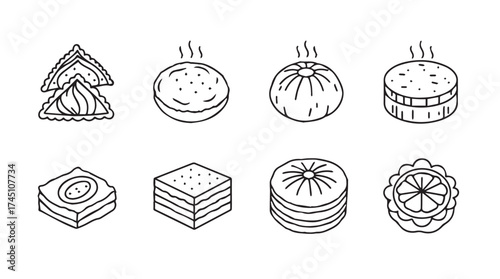 Hand drawn delicious asian dumplings and desserts sketch collection for culinary projects vector