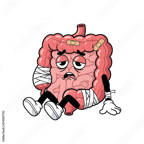 Sad cartoon intestines with bandages, sitting down, isolated on transparent background