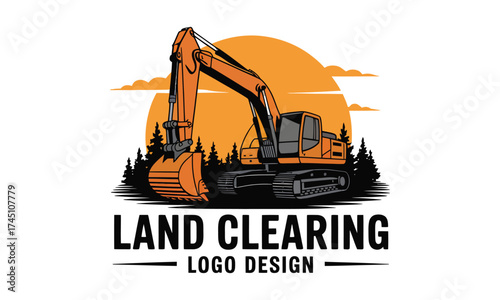 Excavator land clearing logo design with sunset and trees construction equipment machine