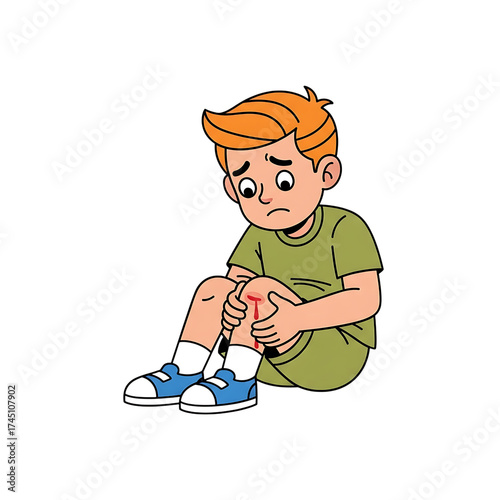 Young boy sitting on the ground holding his injured knee with a scrape and blood, isolated on transparent background