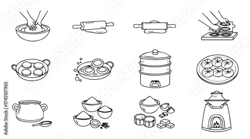 Collection of hand drawn kitchen utensils and cooking steps line art food preparation icons vector