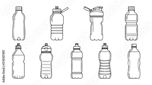 Collection of hand drawn line art water bottles showing different designs and caps vector