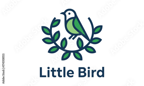 Charming little bird logo with laurel wreath design minimalist and whimsical