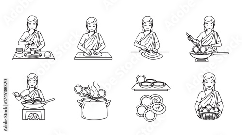 Monk performing rituals and daily activities hand drawn sketch style vector