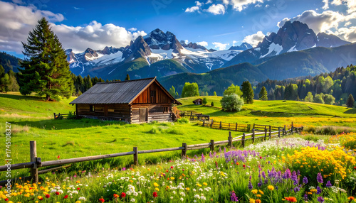 Picturesque Alpine Meadow with Cabin and Majestic Mountain Views