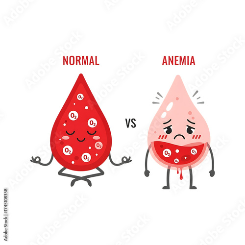 Comparison of normal and anemia blood cells, isolated on transparent background