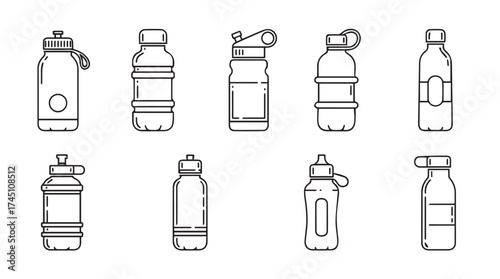 Collection of diverse water bottles and drink containers simple line art style for fitness and hydration vector