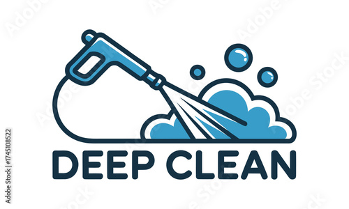 Deep clean logo featuring a power washer spraying suds and bubbles for cleaning services