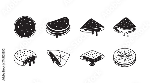 Set of eight hand-drawn pizza slices and whole pizza icons with dripping cheese and toppings vector
