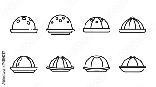 Set of eight simple outline icons representing various types of hats for culinary use vector