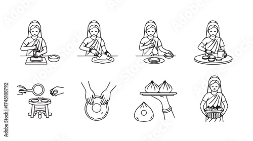 Culinary steps illustrated chef preparing ingredients and serving food delicious meals sequence vector