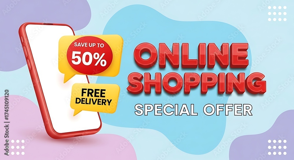 Obraz premium A promotional image featuring a phone, online shopping text, and special offer with discount details