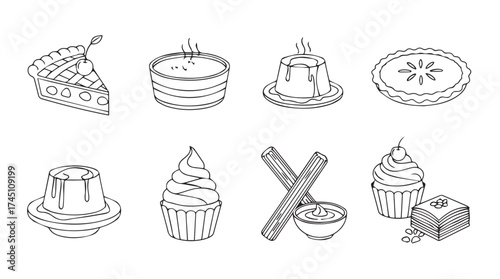 Set of dessert icons line art delicious pastries cakes cupcakes pudding and cinnamon sticks artistic hand drawn style vector