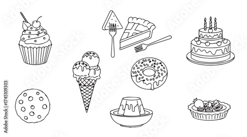 Hand drawn desserts assortment sketch icons collection delicious sweet treats collection vector