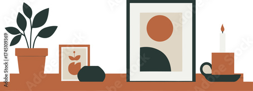 Minimalist Shelf Decor: Plant, Art, Candle