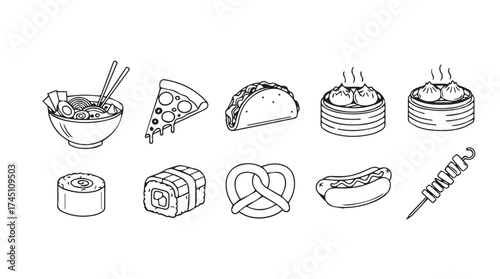 Hand drawn sketch collection of popular fast food and snack items on white vector