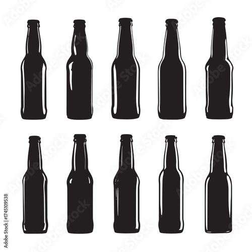 Black and white beer bottle silhouettes collection