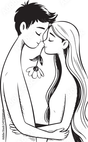Romantic black and white vector line art of a loving couple in a tender embrace, sharing a flower. Conveys intimacy and pure love. Ideal for Valentine's Day, wedding invitations, or romantic branding.