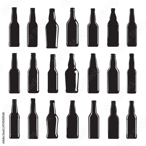 Variety of beer bottle silhouettes in black and white