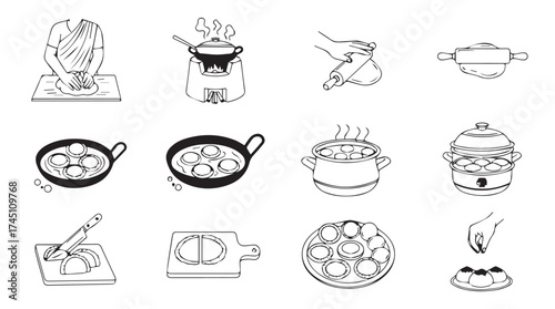 Collection of hand-drawn cooking and food preparation illustrations in sketchy style vector