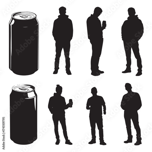 Set of black and white beer can silhouettes