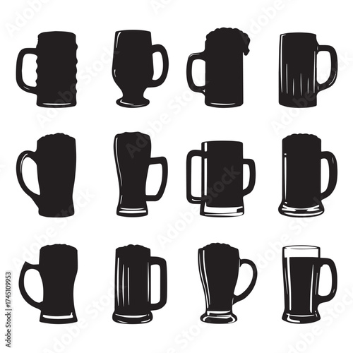 Collection of black and white beer mug silhouettes