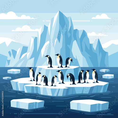 create Flock of emperor penguins on ice floe in cold water. Glacier, ice brick floating in cold sea. Tallest and heaviest penguin species. Antarctic landscapes. Vector illustration in flat style.