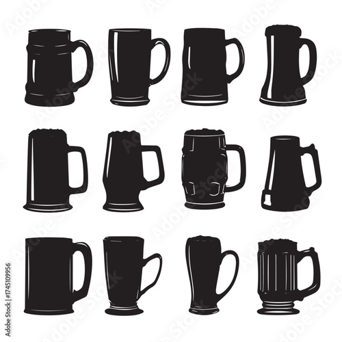 Collection of black and white beer mug silhouettes