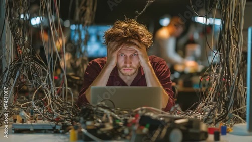 Overwhelmed by Tech: A person is surrounded by a tangled web of cables, working on a laptop, which may show the complexity and challenges of modern technology.