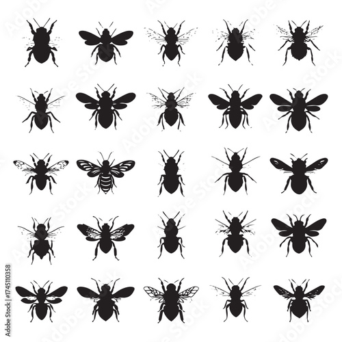 Diverse bee silhouettes collection for design projects