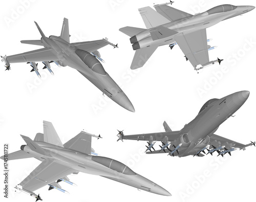 Vector sketch illustration of a silhouette design of a jet fighter aircraft with complete missile armament for air combat in World War II 
