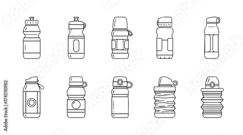 Collection of ten different sports water bottles with various lids and designs for fitness and hydration vector