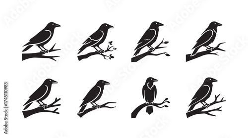Collection of stylized silhouette crows perched on twigs for decorative and thematic design vector