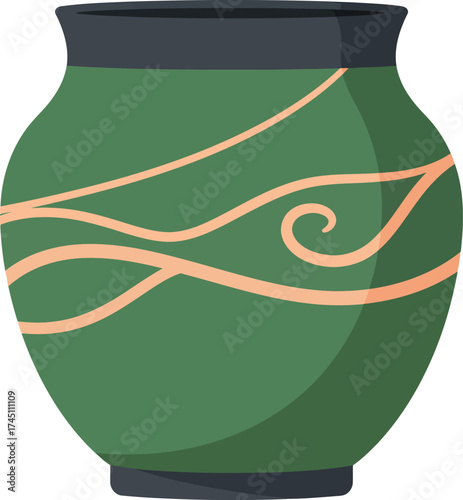 Green ceramic vase with peach swirling design