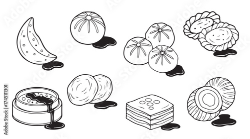 Hand drawn collection of delicious sweet dessert pastries and baked goods on white vector