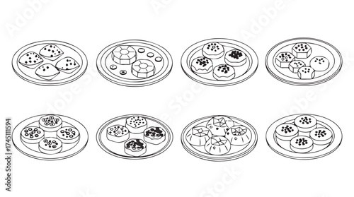 Collection of eight antique chinese coin designs with intricate patterns in a linear drawing style vector