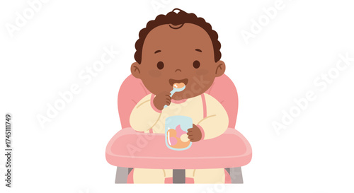  Baby sits in high chair eating fruit puree