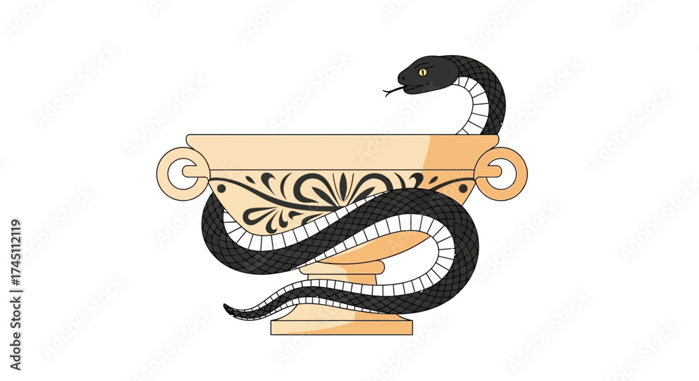 Obraz premium Iconic Rod of Asclepius symbol representing healing and medicine, elegantly entwined with a serpent around a golden chalice.