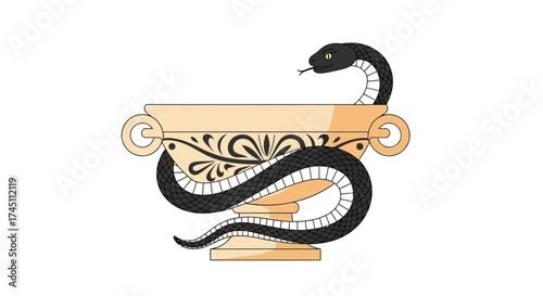 Iconic Rod of Asclepius symbol representing healing and medicine, elegantly entwined with a serpent around a golden chalice.